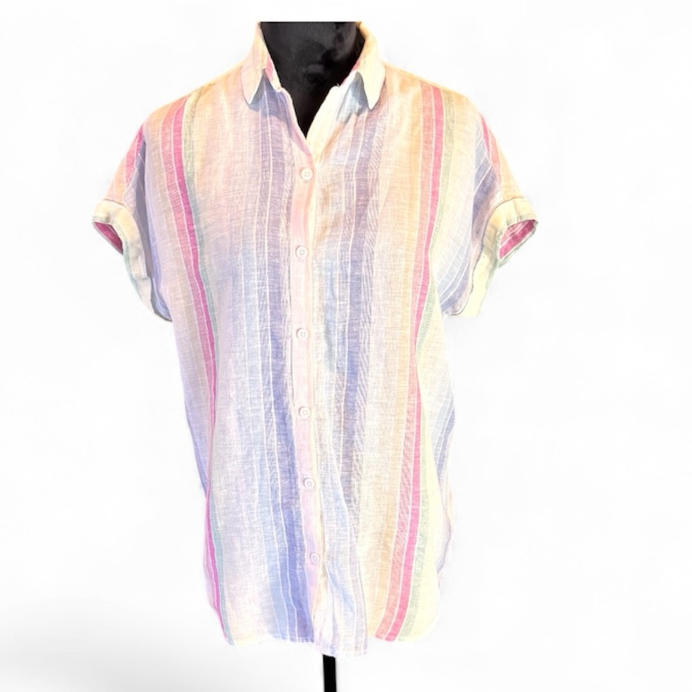 Beachlunchlounge Pastel Striped Linen Blend Spencer Camp Shirt, XS,Oversized - Picture 2 of 12